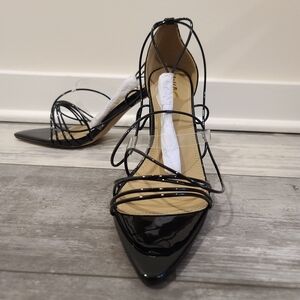 EGO LaceUp Pointed Toe Block Heel w/ Clear Perspex Strap, Black Patent U…